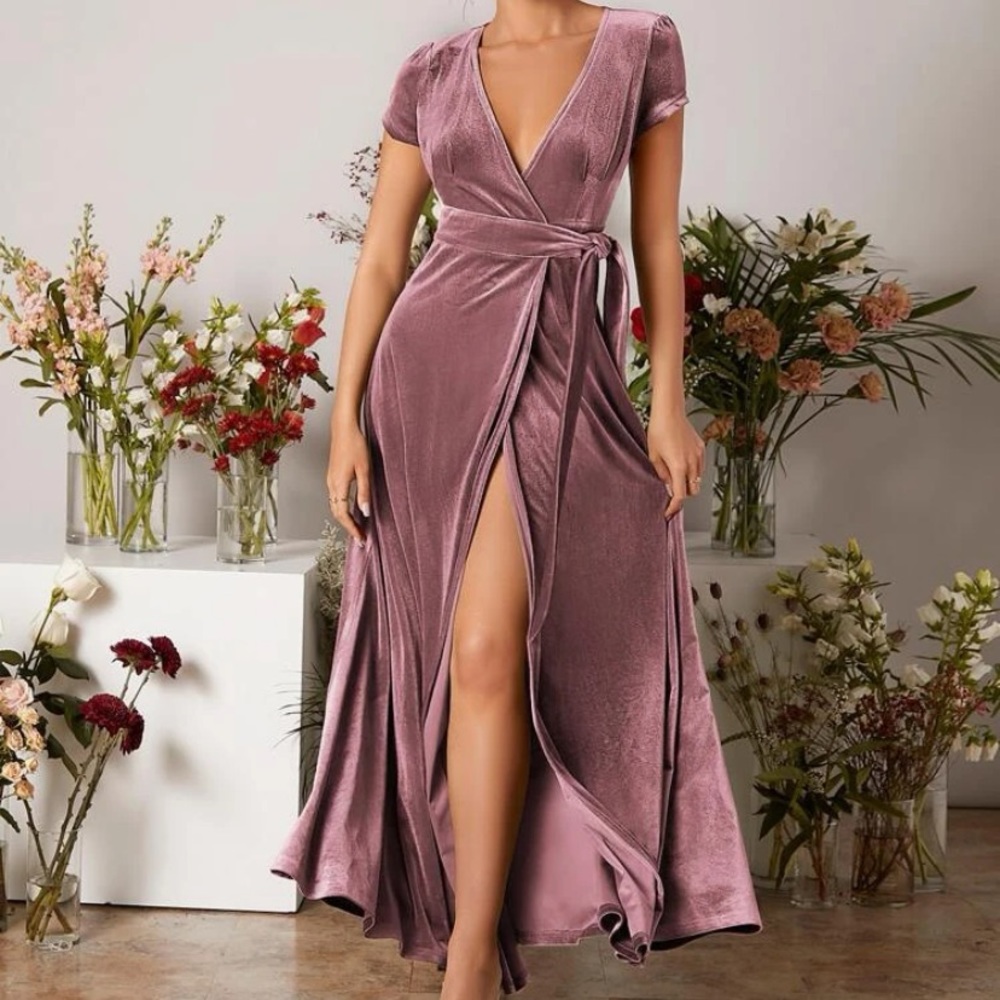 Pink velvet wrap maxi dress